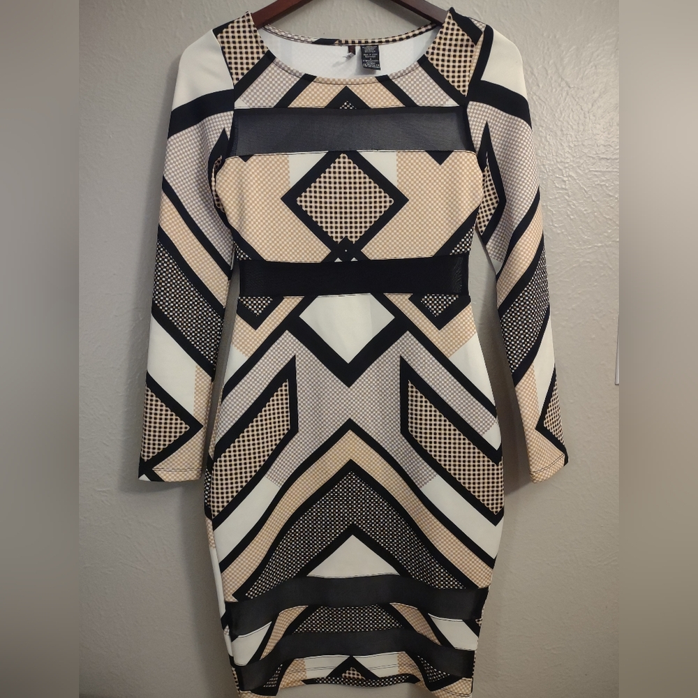 Fire Los Angeles Geometric Print Bodycon Dress Mesh Cutout Long Sleeve Size M